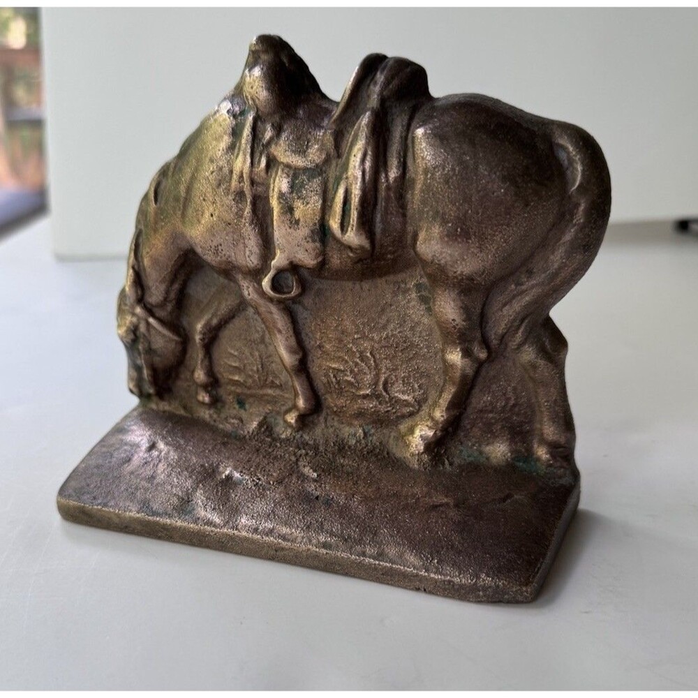 Antique Brass / Bronze Cast Iron Cowboy Grazing Saddled Horse Western Book End